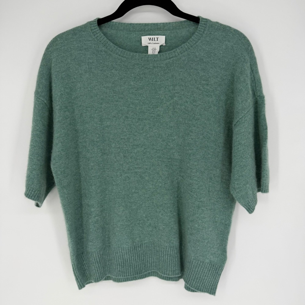 WILT 100% CASHMERE‎ CREW NECK SHORT SLEEVE SWEATER SAGE GREEN MEDIUM LUXURY WORK